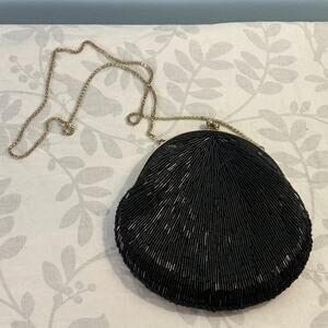 Vintage La Regale Black Beaded Evening Bag Kiss Lock Cocktail Wedding Handbag